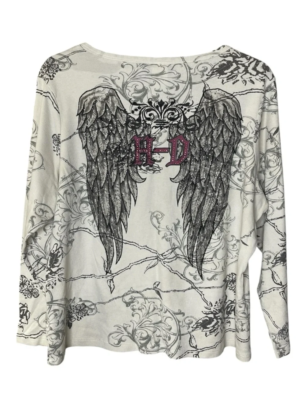 Harley-Davidson White 3/4 Sleeve Tee with Rhinestones and Wings Sz 2X - Picture 3 of 8